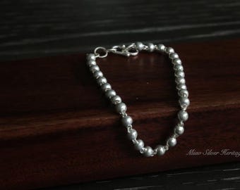 925 Sterling Silver Bead Bracelet: Miao Design, Adjustable Bangle