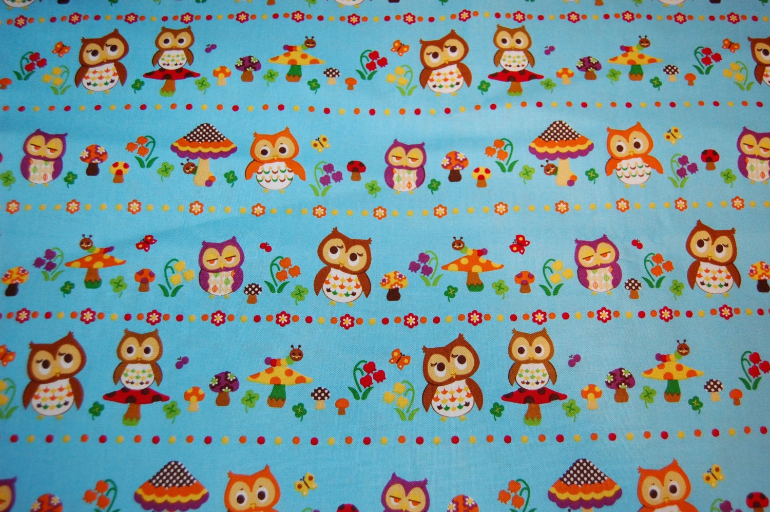Cosmo Textiles Japanese Kawaii Blue Owl Mushrooms Canvas Fabric 1/2 yard Half Yard OOP Out of Print