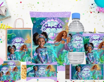May include: A collection of mermaid-themed party supplies, including a gift bag, chip bag, water bottle, cup, and candy wrappers. The designs feature a young girl and a mermaid illustration, with the text "Our Little Mermaid Samantha 4".