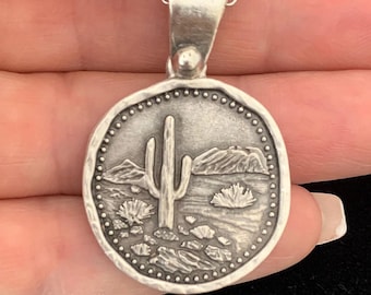 Handmade Southwestern Desert Scene Necklace: Antique Silver Saguaro Cactus Jewelry