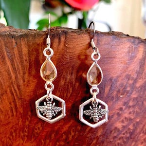 Silver Bee Earrings; Hypoallergenic; Citrine Silver Country Aesthetic Jewelry Gift for Wife; Garden Fairy Jewelry; Honeycomb Bee Jewelry