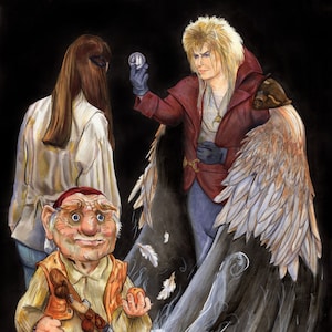 May include: Watercolor illustration featuring characters from the movie Labyrinth. A figure in a red coat holds a silver orb, with a winged figure and a dwarf-like character in the foreground. The background is black with white smoke and feathers.