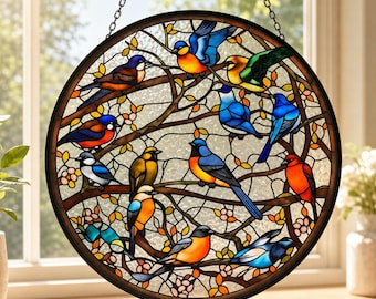 Personalized Birds Party Stained Glass Suncatcher, Birds Window Hanging Decor, Colorful Bird Garden Keepsake, Fantasy Decor For Bird Lover