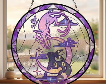 Espeon and Umbreon Stained Glass Suncatcher, Anime-Inspired Window Hanging Decor, Magical Girl Garden Keepsake, Fantasy Theme Suncatcher