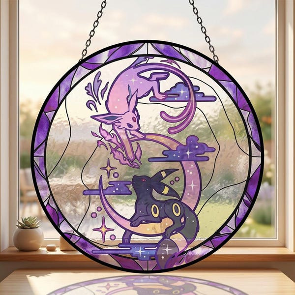 Espeon and Umbreon Stained Glass Suncatcher, Anime-Inspired Window Hanging Decor, Magical Girl Garden Keepsake, Fantasy Theme Suncatcher