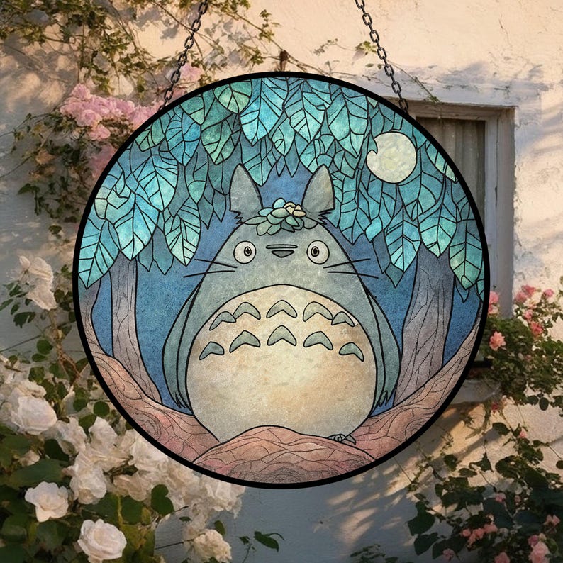 Totoro Stained Glass Suncatcher, Studio Ghibli Art Window Hanging Decor, Japanese Animationn Keepsake, Cartoon Totoro Gift For Anime Lover 画像 7