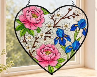 Peony Iris Heart Stained Glass Suncatcher, Floral Theme Window Hanging Decor, Pink Blue Floral Keepsake, Spring Garden Gift For Flower Lover