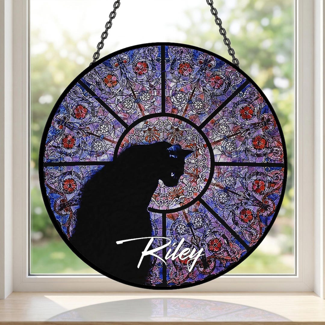 Black Cat Stained Glass Suncatcher, Gothic Style Window Hanging Decor ...