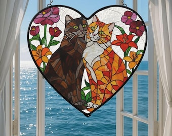 Cats Heart Stained Glass Suncatcher, Orange Tabby and Black Cat Window Hanging Decor, Floral Cat Garden Keepsake, Gift For Cat Lovers
