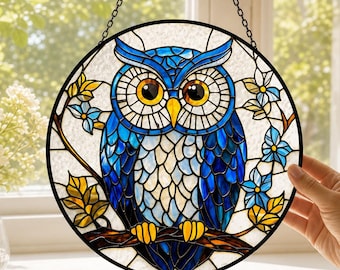 Personalized Blue Owl Stained Glass Suncatcher, Birds Window Hanging Decor, Cottage Bird Garden Keepsake, Owl Lover Gift For Bird Lover