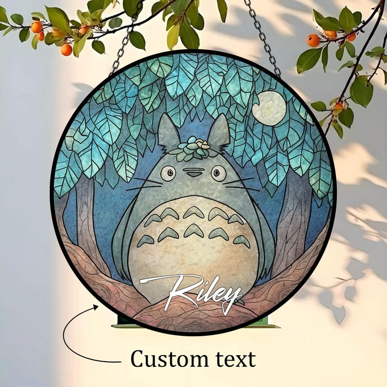 Totoro Stained Glass Suncatcher, Studio Ghibli Art Window Hanging Decor, Japanese Animationn Keepsake, Cartoon Totoro Gift For Anime Lover 画像 2