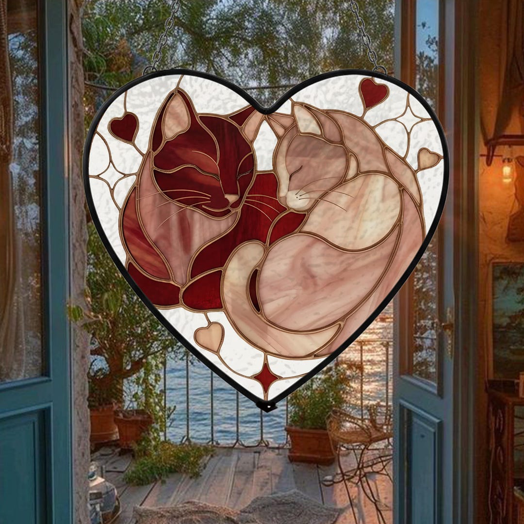 Cat Lovers Heart Stained Glass Suncatcher, Sleeping Cats Window Hanging ...