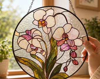 Personalized Orchid Stained Glass Suncatcher, Vintage Floral Window Hanging, Botanical Garden Flower Decor, Orchid Gift for Flower Lover