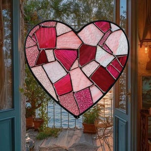 May include: A stained glass heart with a black border, hanging in front of a window. The heart is composed of various shades of pink, red, and white glass pieces. The glass has different textures, including smooth and glittery.