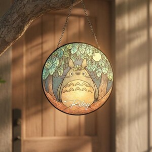 Totoro Stained Glass Suncatcher, Studio Ghibli Art Window Hanging Decor, Japanese Animationn Keepsake, Cartoon Totoro Gift For Anime Lover 画像 3