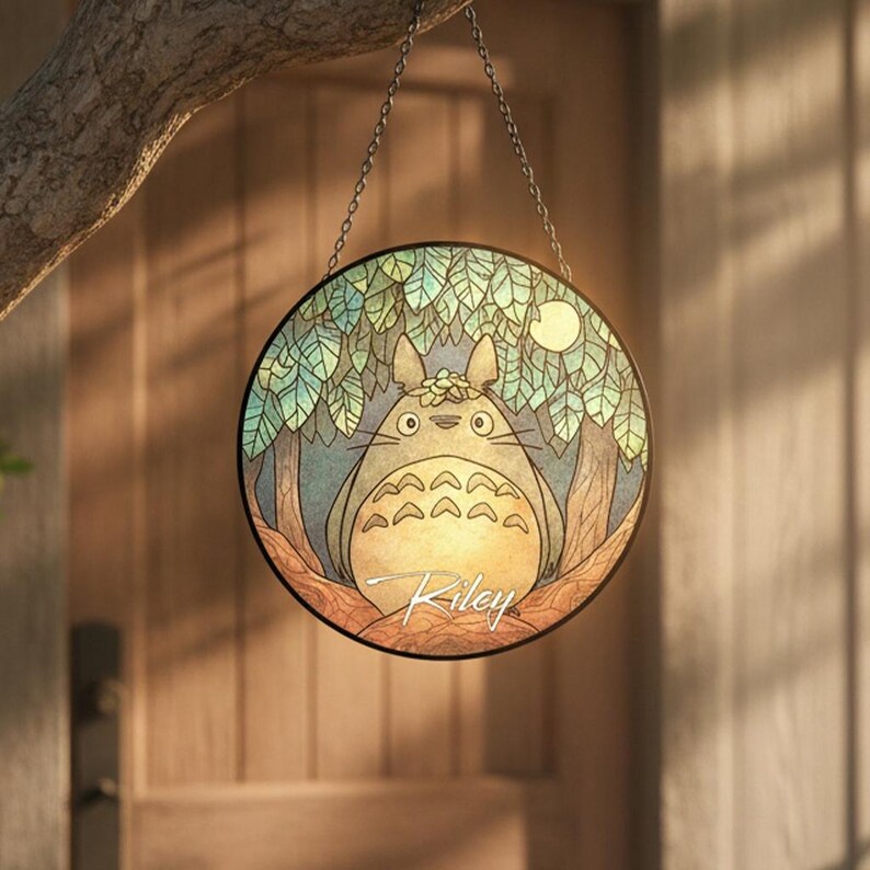 Totoro Stained Glass Suncatcher, Studio Ghibli Art Window Hanging Decor, Japanese Animationn Keepsake, Cartoon Totoro Gift For Anime Lover 画像 3