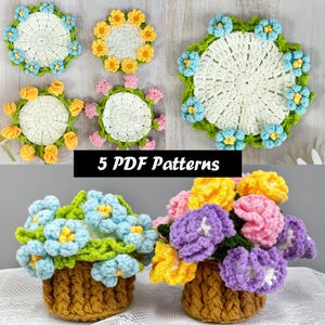 May include: An image displaying crochet patterns with floral themes. It features five crochet coasters with flower embellishments in different colours, and two crochet flower baskets. The text "5 PDF Patterns" is visible.