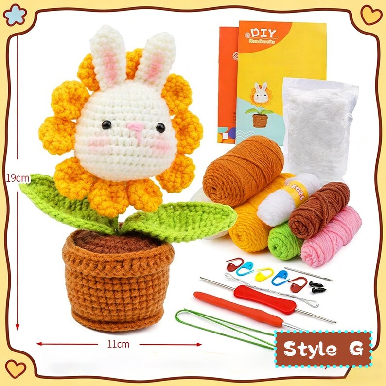 May include: A crochet kit featuring a bunny-shaped flower with yellow petals, green leaves, and a brown pot. The kit includes yarn in various colors, crochet hooks, and a DIY booklet. The flower measures 19cm tall and the pot is 11cm wide.