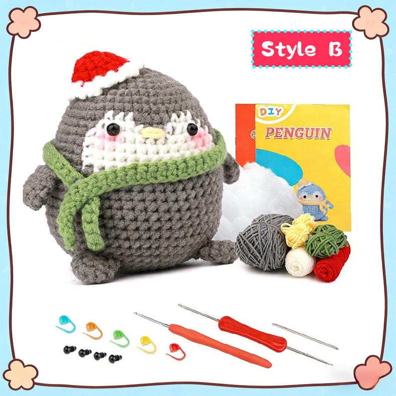 DIY Adorable Animal Crochet Kit for Beginners | DIY Handmade Plush Penguin & Potted Flower Craft Set Style B