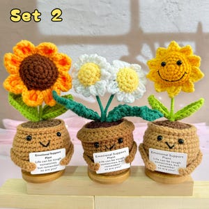 Nuevo set de regalo de apoyo emocional: flores de crochet hechas a mano en maceta (girasol/margarita), decoración de escritorio con flores de crochet, regalo para ella y para el Día de la Madre. Set 2