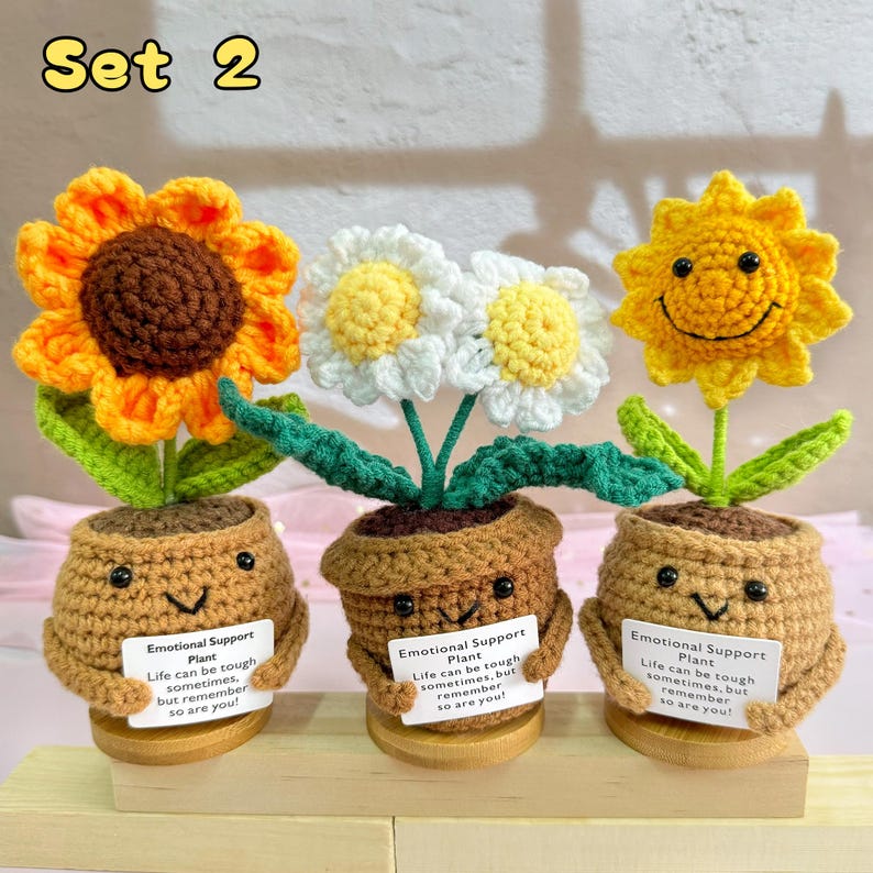 Nuevo set de regalo de apoyo emocional: flores de crochet hechas a mano en maceta (girasol/margarita), decoración de escritorio con flores de crochet, regalo para ella y para el Día de la Madre. Set 2