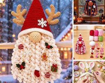 Pode incluir: Um enfeite de parede de gnomo em crochê com um gorro vermelho pontudo, chifres de rena bege e um floco de neve branco. O gnomo tem um nariz bege e uma longa barba branca encaracolada decorada com pequenos enfeites de crochê, incluindo um boneco de gengibre, azevinho e uma meia vermelha.