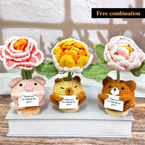 May include: Three crocheted flower arrangements in pots shaped like a pig, bear, and bear. Each flower is a different color: pink, yellow, and white. Each pot has a small card that says "Thank you for helping me grow".