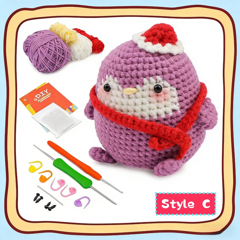 May include: A DIY crochet kit featuring a purple penguin with a red scarf and Santa hat. The kit includes yarn in purple, yellow, and red, crochet hooks, stitch markers, and safety eyes. The kit is labeled "Style C".