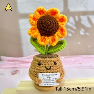 Nuevo set de regalo de apoyo emocional: flores de crochet hechas a mano en maceta (girasol/margarita), decoración de escritorio con flores de crochet, regalo para ella y para el Día de la Madre. A