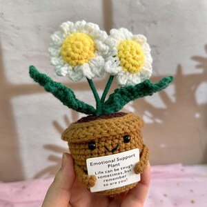 Nuevo set de regalo de apoyo emocional: flores de crochet hechas a mano en maceta (girasol/margarita), decoración de escritorio con flores de crochet, regalo para ella y para el Día de la Madre. imagen 10