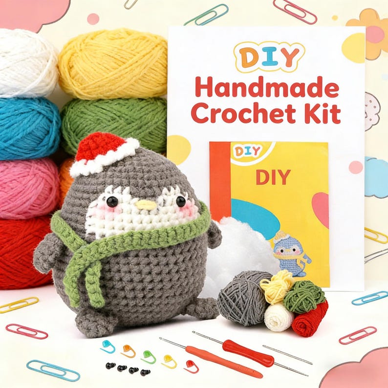 DIY Adorable Animal Crochet Kit for Beginners | DIY Handmade Plush Penguin & Potted Flower Craft Set image 1