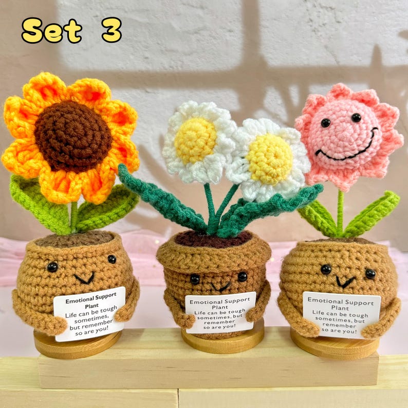 Nuevo set de regalo de apoyo emocional: flores de crochet hechas a mano en maceta (girasol/margarita), decoración de escritorio con flores de crochet, regalo para ella y para el Día de la Madre. Set 3