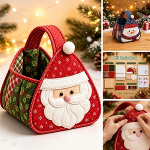 May include: A quilted fabric basket featuring a Santa Claus face on the front with a red hat, white beard, and a white pom-pom. The sides are green with a holly pattern and red plaid accents. The handle is red with white polka dots.