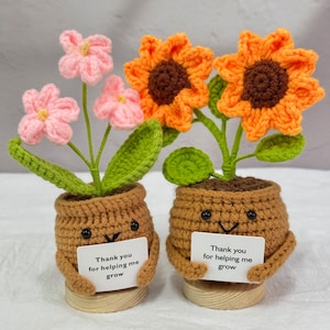 Handmade Crochet Flowers in Pot-Sunflower/Forget-me-not Crochet Flower Desk Decor-Gift for her,Mother&#39;s Day ,Thank You For Helping Me Grow
