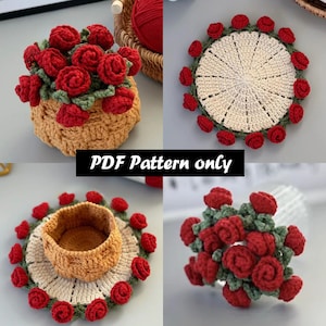 May include: A selection of crocheted items, including a basket filled with red roses, a round coaster with rose detailing, and a small basket on a coaster. The text "PDF Pattern only" is visible. The items are handmade and have a floral theme.