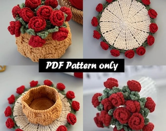Crochet Rose Coaster pattern - Rose Flower Pot,PDF PATTERN ONLY  Crochet Blooming Rose Bouquet,Coaster Pattern,Provide video explanations