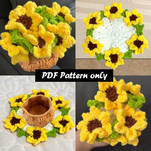 Puede incluir: Una colección de diseños de girasoles de ganchillo, que incluye una cesta de girasoles, un posavasos y una cesta con girasoles alrededor. Los girasoles son amarillos con centros marrones y hojas verdes. El texto "PDF Pattern only" es visible.