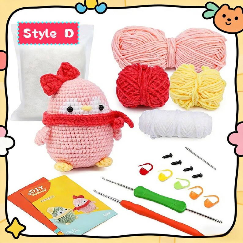 DIY Adorable Animal Crochet Kit for Beginners | DIY Handmade Plush Penguin & Potted Flower Craft Set Style D