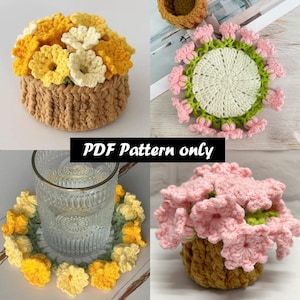 May include: A collection of handmade crochet items, including coasters and a small basket filled with flowers. The coasters feature floral designs in various colors, and the basket is filled with yellow and white crochet flowers. The text "PDF Pattern only" is visible.