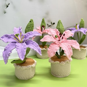 May include: Three crocheted lily flower arrangements in pots. The lilies are pink and purple. The pots are beige and have a crocheted design.