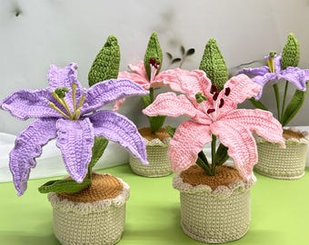 Lirio de ganchillo en maceta, ramo de lirios de ganchillo, regalo personalizado para novia, ramo para decoración del hogar, lirio de Pascua, regalo para el Día de la Madre