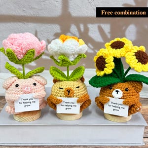 May include: Three crocheted stuffed animals holding signs that say "Thank you for helping me grow". The animals are a pig with a pink flower, a bear with a white flower, and a bear with a sunflower.