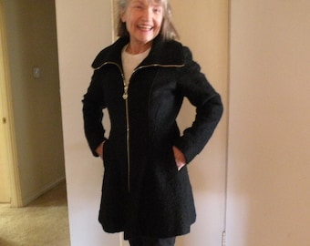 Guess Winter Black Boiled Wool Swing Coat, Warm Wool Jacket, Ladies Vintage A-line Medium Size Designer Overcoat, Women's Street Wear
