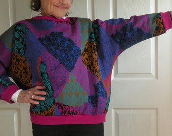 Loom Wear Sweater from the 80s with Abstract Floral Knit Pattern, Made by Loom Wear