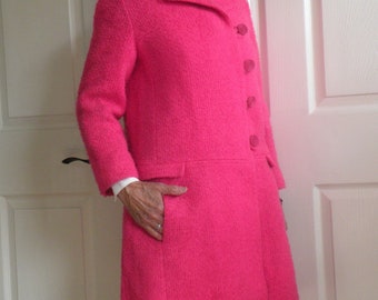 Pink Mohair Wool Coat, 60s Vintage Spring Dress Coat, Mid-Century Overcoat, Retro Barbie Pink, Ladies Small