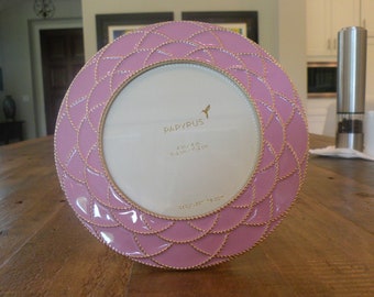 Papyrus Pink Enamel Photo Picture Frame, Round Six-Inch Gold Scalloped Edge