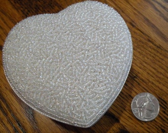 Beaded Heart Shaped Satin Trinket or Jewelry Box, Small White Vintage Box