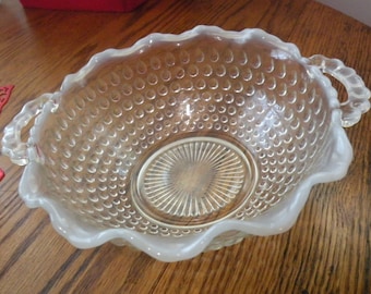 Fenton Moonstone Opalescent Hobnail Handled Ruffled Edge Bowl, Round Glass Serving Dish with Crimped Edge