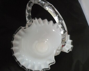 Fenton Silver Crest Vintage Art Glass Basket, aka Crystal Crest Milk Glass