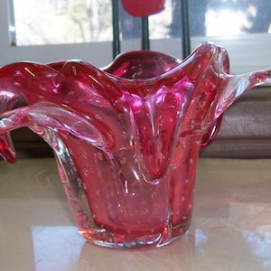 Murano Cranberry Art Glass Dish or Vase, Vintage Italian Floral Glass, Retro Collectible Home Decor or Glass Lover Holiday Gift